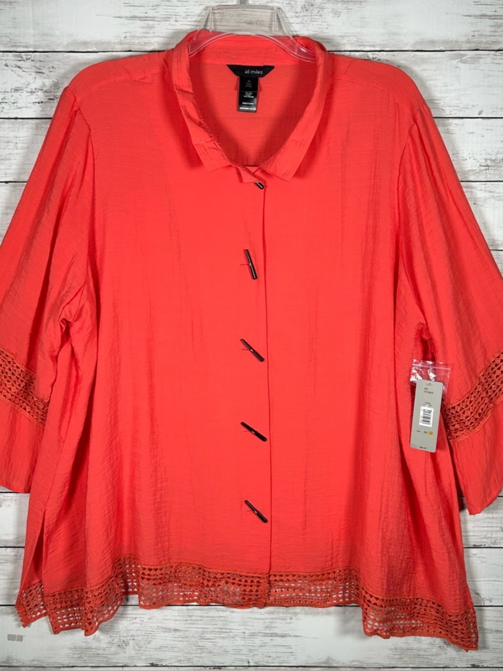 Ali Miles Flare Sleeve Button Up Crochet Trim Lagenlook Coral 3x NWT $84